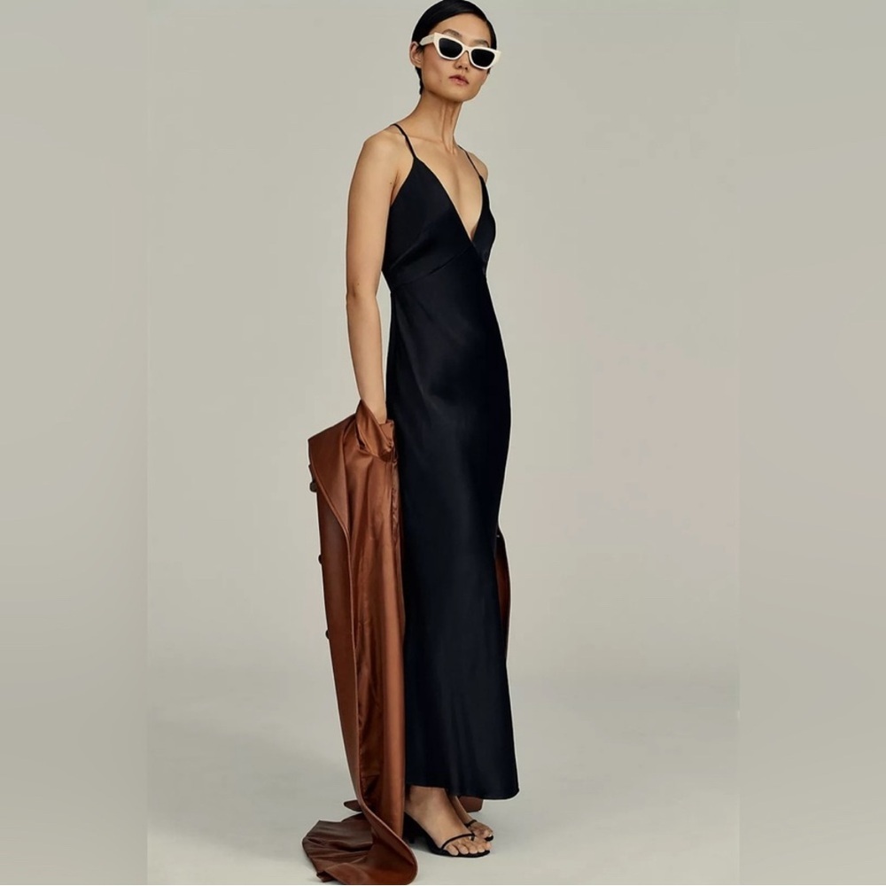 Anthropologie Black Maxi Slip Dress with Brown Jacket Accent
